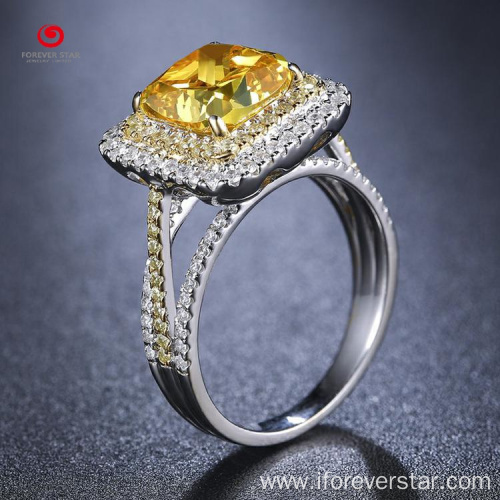 14K White Gold Cushion Yellow Diamond Moissanite Ring